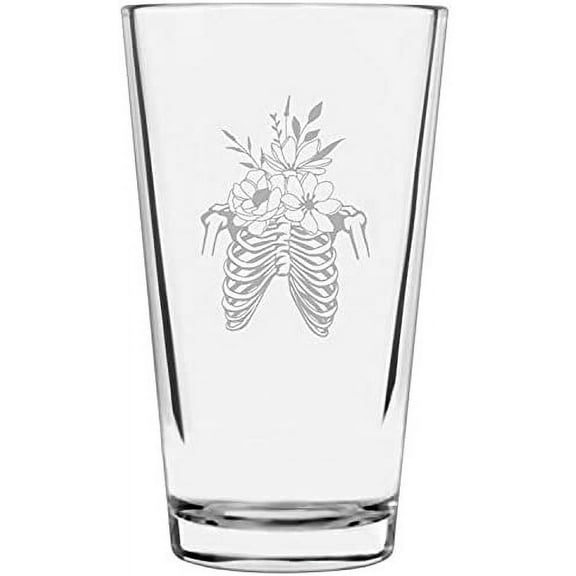 Floral Skeleton 3 Happy Halloween Etched 16oz Libbey Pint Glass