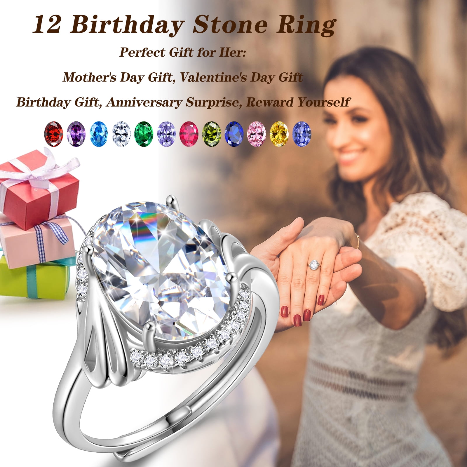 Juwaliy 8Ct Halo Oval Engagement Ring 925 Sterling Silver Women April Birthstone Diamond CZ Band Promise Bridal Jewelry Mother Birthday Gift