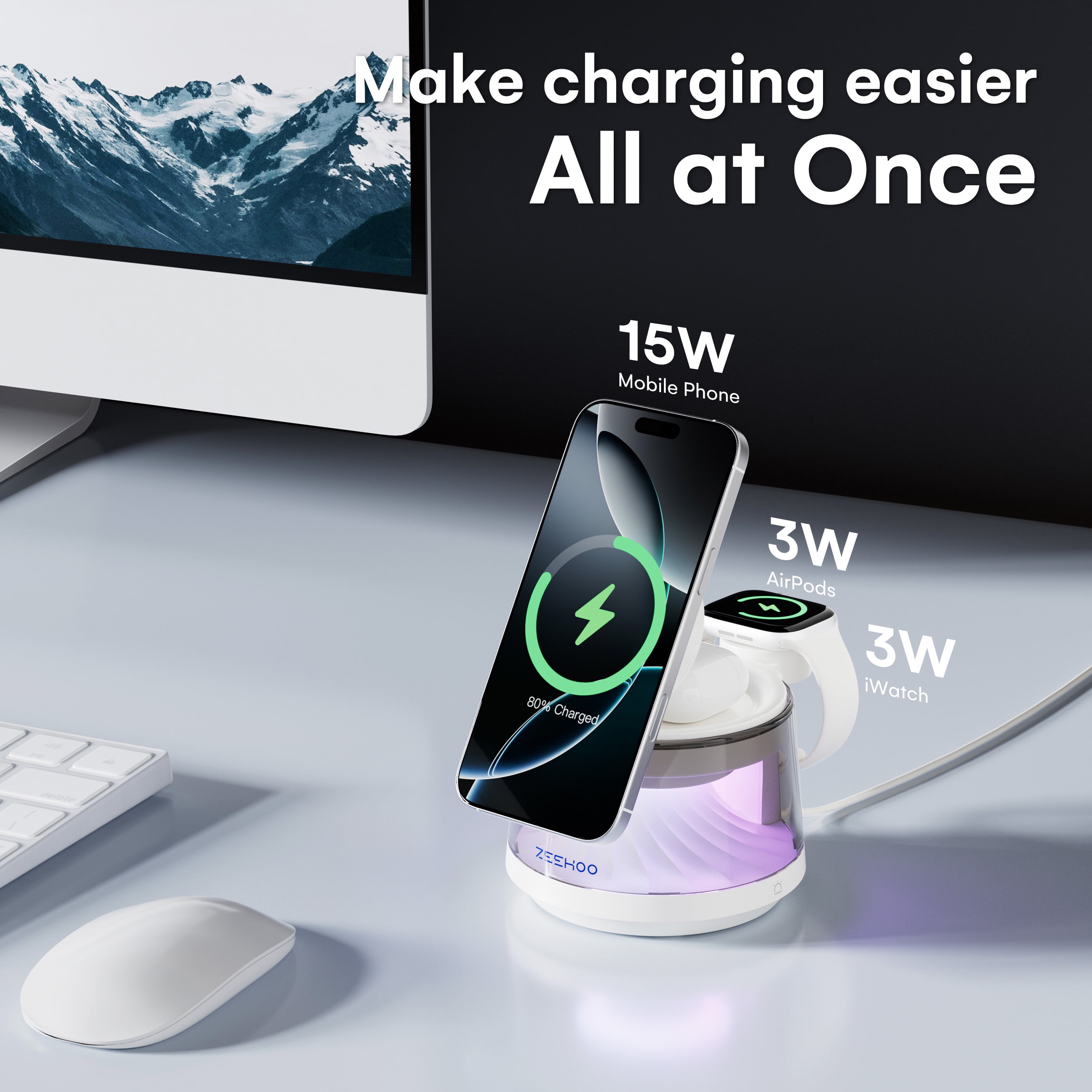 ZEEHOO 4-in-1 Wireless Charging Station with LED Night Light, 15W Fast Wireless Charger Dock for iPhone, AirPods & Apple Watch, Multi-Mode RGB Lamp, Magnetic Charging Stand for Desk & Bedside