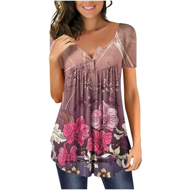 Camiseta de manga corta con botones y cuello en V a la moda para mujer Pompotops hfajkhk132902