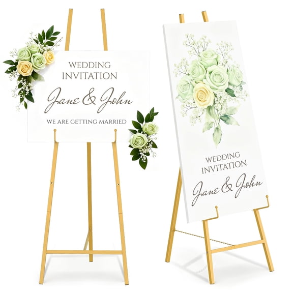 2-Pack Heavy-Duty Metal Easel Stand for Signs, Adjustable Tripod Floor Display with Chain Support for Wedding Welcome Sign, Posters & Paintings - Gold, 146 x 46 cm