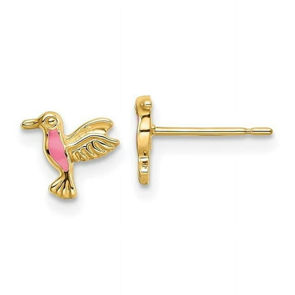 Finest Gold 14K Yellow Gold Pink Enamel Hummingbird Post Earrings