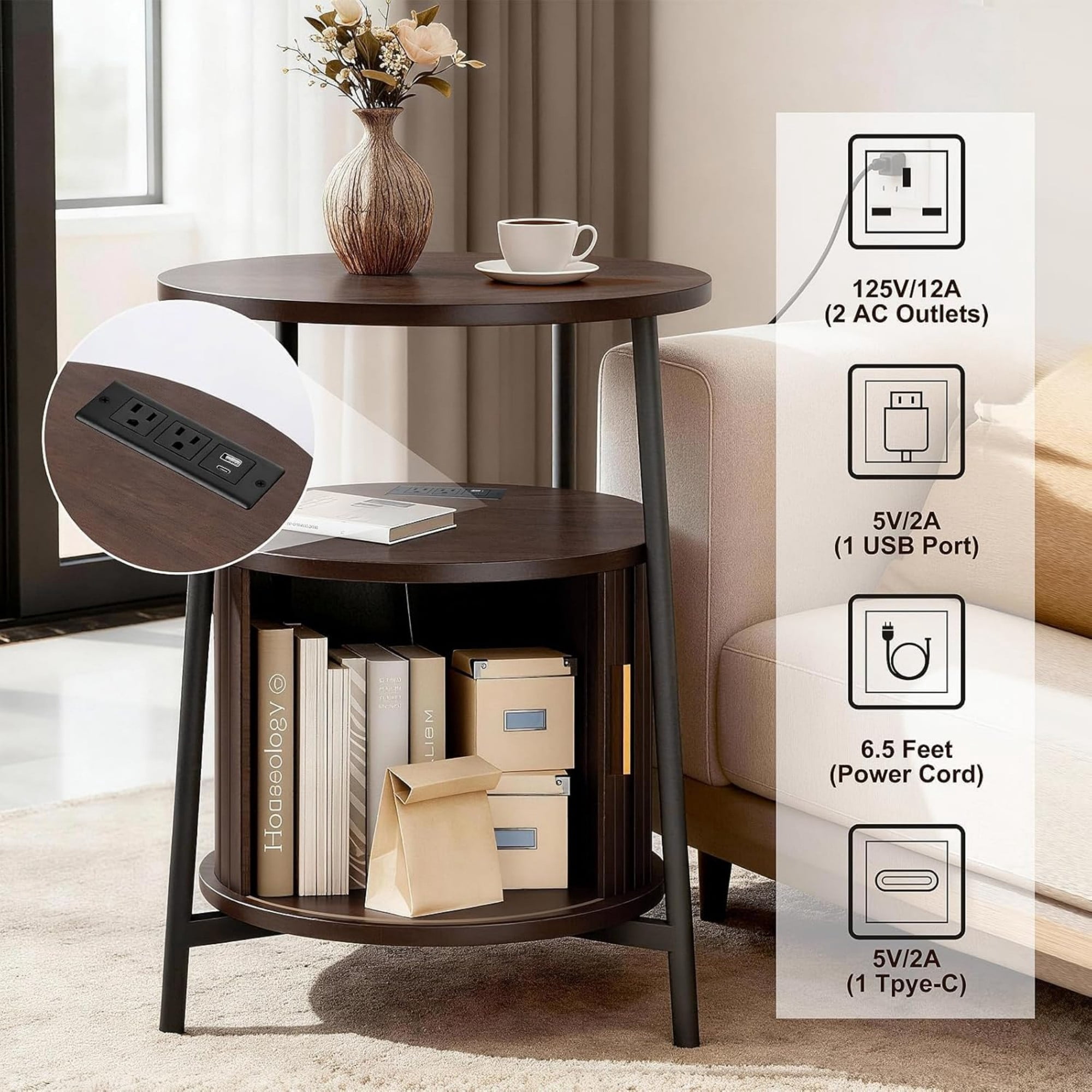 Round End Table with Charging Station, Fluted Side Table with Sliding Door, Mid Century Modern Nightstand for Bedroom & Living Room, Coffee
