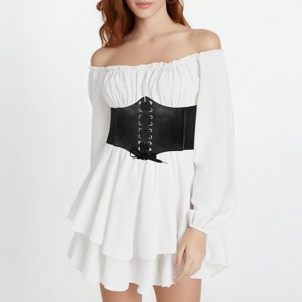 MKLEKYY Vestido Corto de Mezclilla para Mujer, 2 Piezas, Hombros Descubiertos, Blanco, Línea A, Sin Tirantes, Hasta La Rodilla, Patchwork, para Playa, Fiesta, Carnaval, con Cierre de Cintura