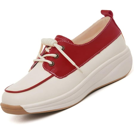 Women Leather Lace Up Platform Sneakers Walking Shoes Fashion Wedge Walking Sneakers Leather Color Blocking Loafers