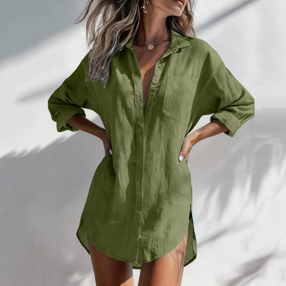 Shihyeh Womens Button Down Shirts Linen Cotton Long Sleeve Blouse Tunic Tops Cover Up Shirt Loose Beach Bikini Dress