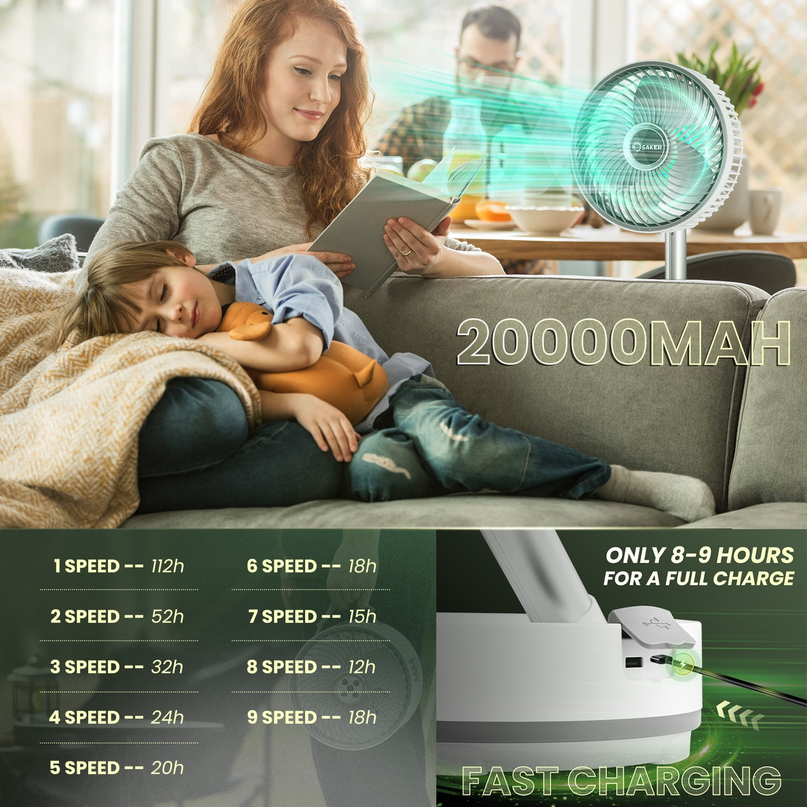Saker 8" Portable Foldable Fan, 9 Speeds, 20000mAh, USB Rechargeable, Remote Control, LED Light, Quiet, Ideal for Camping & Office