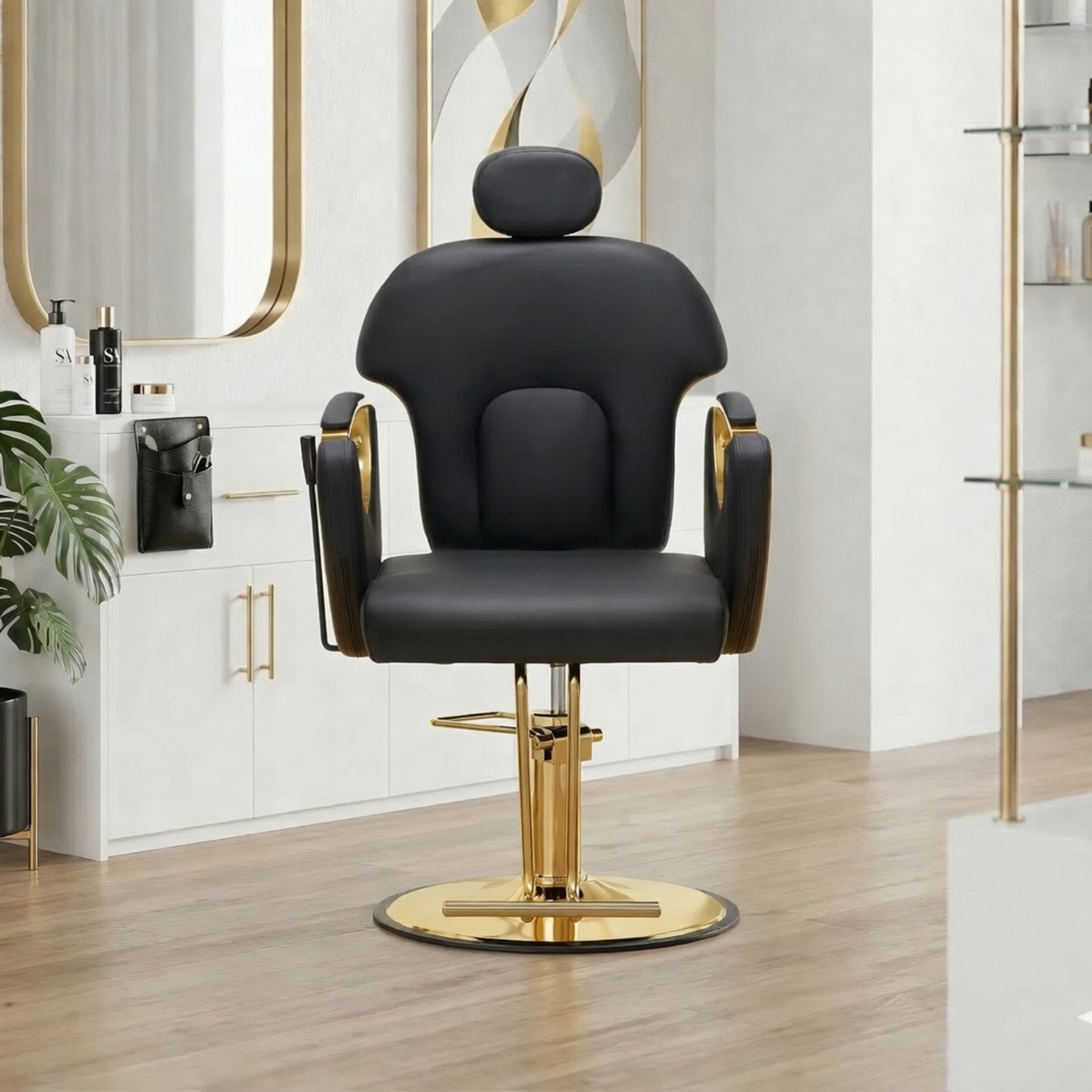 Noble House Hydraulic Barber Chair, Reclining Salon Styling Chair, PU Upholstery, Black + Gold