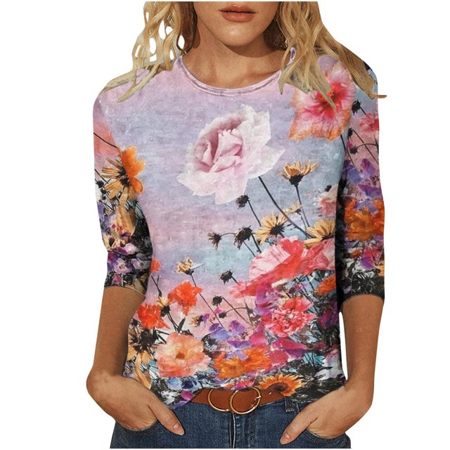 Camiseta holgada estampada a la moda para mujer, blusa de manga 3/4 de longitud media, Tops informales con cuello redondo Fridja fjkfkj1421