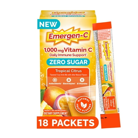 Emergen-C Zero Sugar 1000 mg Vitamin C Powder for Daily Immune Support, Tropical Citrus Flavor - 18 Count