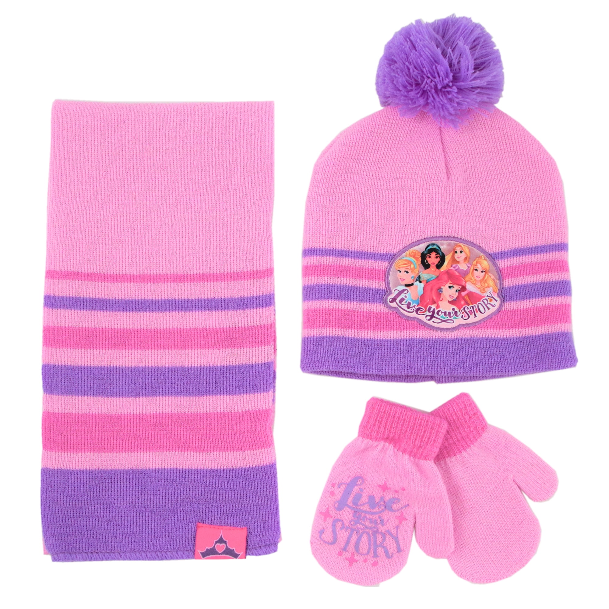 Disney Girls Purple Stripe Sofia The First Beanie Knit Stocking Hat /& Gloves Set