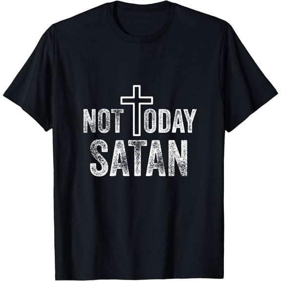 Distressed Black T-Shirt with Cross and 'NOT TODAY SATAN' Text for Bold Style