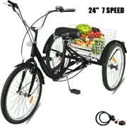 VEVOR Tricycle adulte 7 vitesses à trois roues Vélo de croisière 61 cm Trike réglable avec système de freinage Bell et panier grande taille pour faire du shopping (61 cm Noir 7 vitesses)