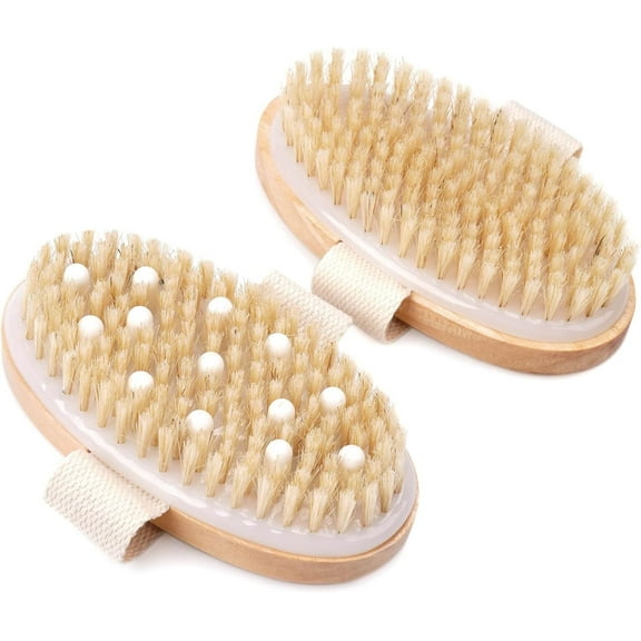 2 Pack Dry Brushing Body Brush, Natural Bristle Exfoliating Brush with Massage Nodes