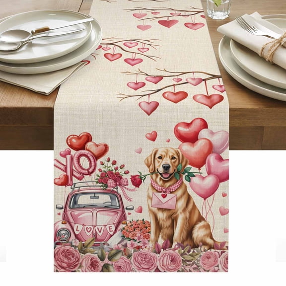 Valentine's Day Table Runner - 36 Inch Long, Kitchen Dining Table Runner Dresser Scarves, Watercolor Love Roses Dog Truck Beige Farmhouse Decor for Coffee Tables Wedding Party Banquet