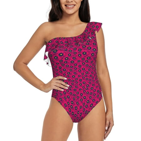Gukieu Floral Colorful Print One-shoulder Ruffled One-piece Swimsuit with Removable Chest Pads and Tummy-control Swimsuit for Women-Small