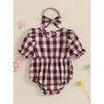 thumbnail image 4 of Suealasg Baby Girl Bubble Romper Short Sleeve Plaid Print Bodysuit Headband Newborn Girl Summer Clothes, 4 of 9