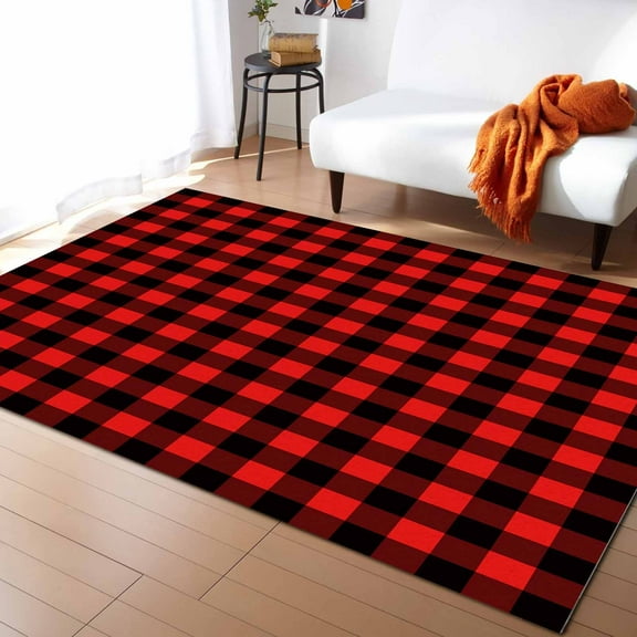 Area Rugs Indoor Non-Slip Rectangle Rug 2x3 Ft Black Red Retro Plaid Pastoral Plaid Vintage Style Rug Rubber Backing Floor Mats Non Shedding Home Decor Carpet for Entryway Living Room