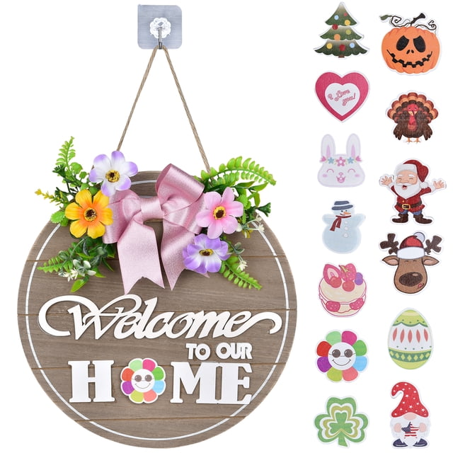 Interchangeable Seasonal Welcome Sign Front Door Decoration, Rustic Round Wood Wreaths Wall Hanging Outdoor, Farmhouse, Porch, for Spring Summer Fall All Seasons 12 Inch