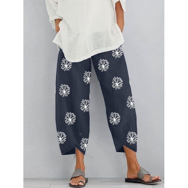 Pantalones holgados con bolsillos y cintura elástica con estampado de diente de león para mujer