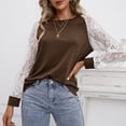 thumbnail image 3 of Camiseta informal holgada para mujer con cuello redondo y mangas de encaje, talla XL Blusa de encaje de manga larga marrón, 3 of 8