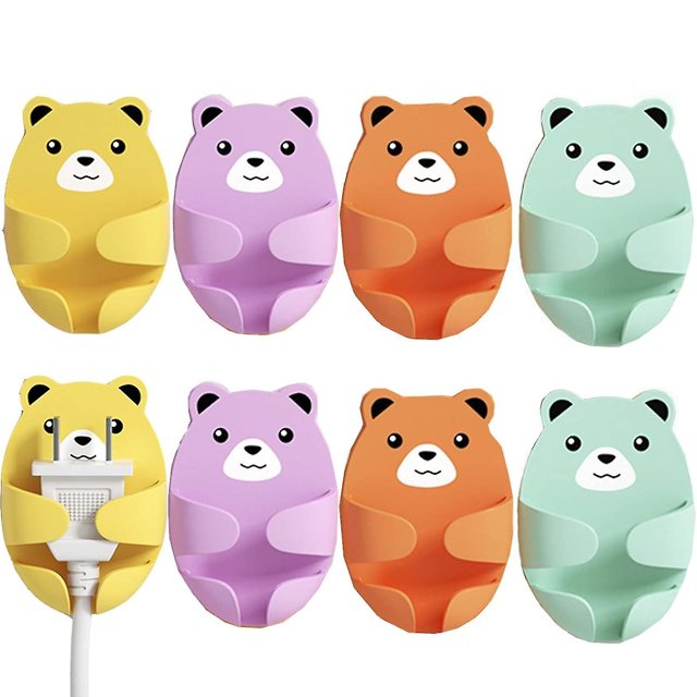 Soportes para enchufes, 8 ganchos para enchufes, organizador de enchufes montado en la pared, soporte adhesivo para cable de enchufe con oso lindo