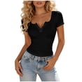 thumbnail image 2 of Uootdi T Shirts for Women Short Sleeve V Neck Scallop Edge Ribbed Knit Solid Casual Tops Going Out Style Stretchy Slim Fit Tees Gift, 2 of 6