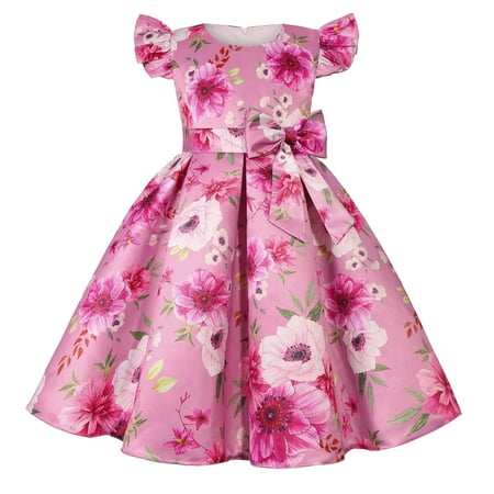 

XIEULQP Baby Girl Clothes Girls Fly Sleeve Floral Printed Bow Princess Piano Performance Dresses Summer Dress Hot Pink