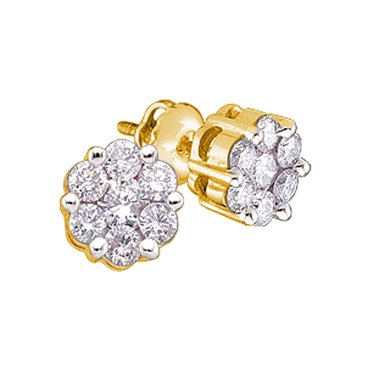 14kt Or Jaune Femmes Rond Diamant Fleur Boucles d'Oreilles Grappe 1/4 Cttw