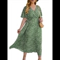 thumbnail image 3 of Vestido Corto de Corte A con Escote en V, Corta, Volantes y Dobladillo para Mujer, Talla Grande Verde XXXL, 3 of 10