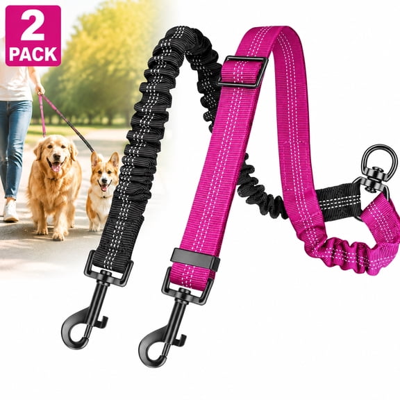 moopom Two Dog Lead, 2 in 1 Upgraded Double Dog Leash Attachment Combine Adjustable Strap and Shock Absorbing Bungee No Tangle Dual Training Splitter for Different Size Dogs