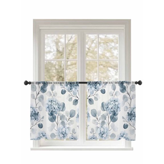 Flowers Pastoral Sheer Curtains 2 Panels Set Blue Hydrangeas Leaf Lihgt Filtering Rod Pocket Voile Drape, Semi Sheer Window Curtains for Bedroom Living Room, 52"x45"