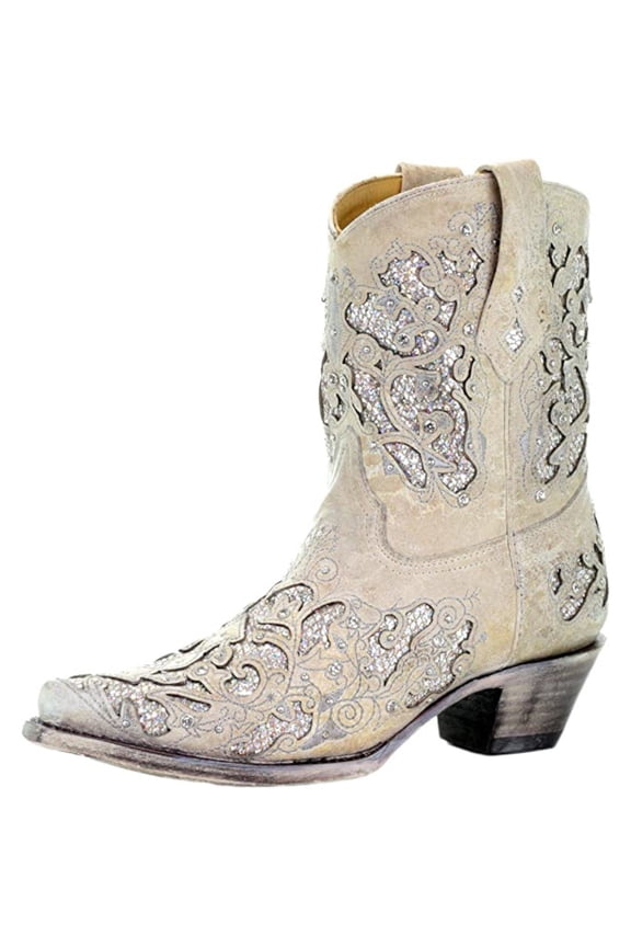 CORRAL Adult Female Glitter Inlay and Crystals Ankle Boots, Color: White, Size: 7.5, Width: M