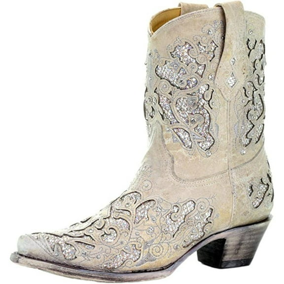 CORRAL Adult Female Glitter Inlay and Crystals Ankle Boots, Color: White, Size: 5.5, Width: M