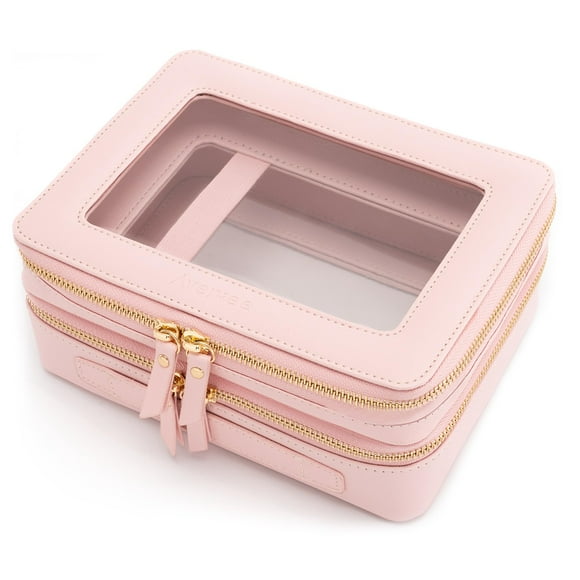 Organizador de maquillaje Aveniee XL transparente de doble capa rosa para mujer