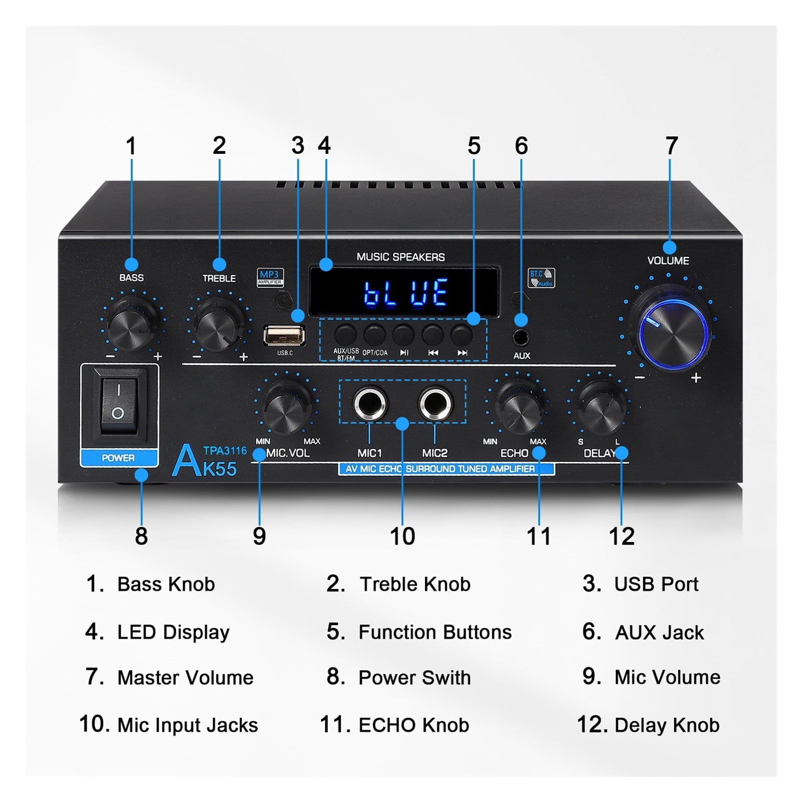 Digital Amplifier AK55 Bass Power Bluetooth Home Amplifier Hifi FM Auto Music Subwoofer Speakers ,Bass & Treble Control