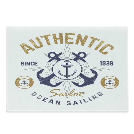 Anchor Cutting Board, Nautical Print with Anchor Lifeboys and Rudder Captain Features, Decorative Tempered Glass Cutting and Serving Board, Large Size, Pale Brown Blue White, by Ambesonne