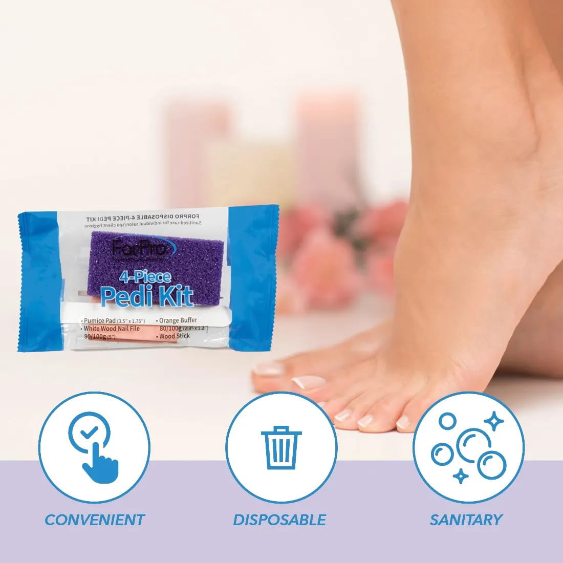 ForPro 4-Piece Pedi Kit, 100-Count, Individually-Packed Pedicure Set, Purple Pumice Pad, White Wood Nail File 80/100 Grit, Orange Mini Buffer 80/100 Grit, Wood Stick