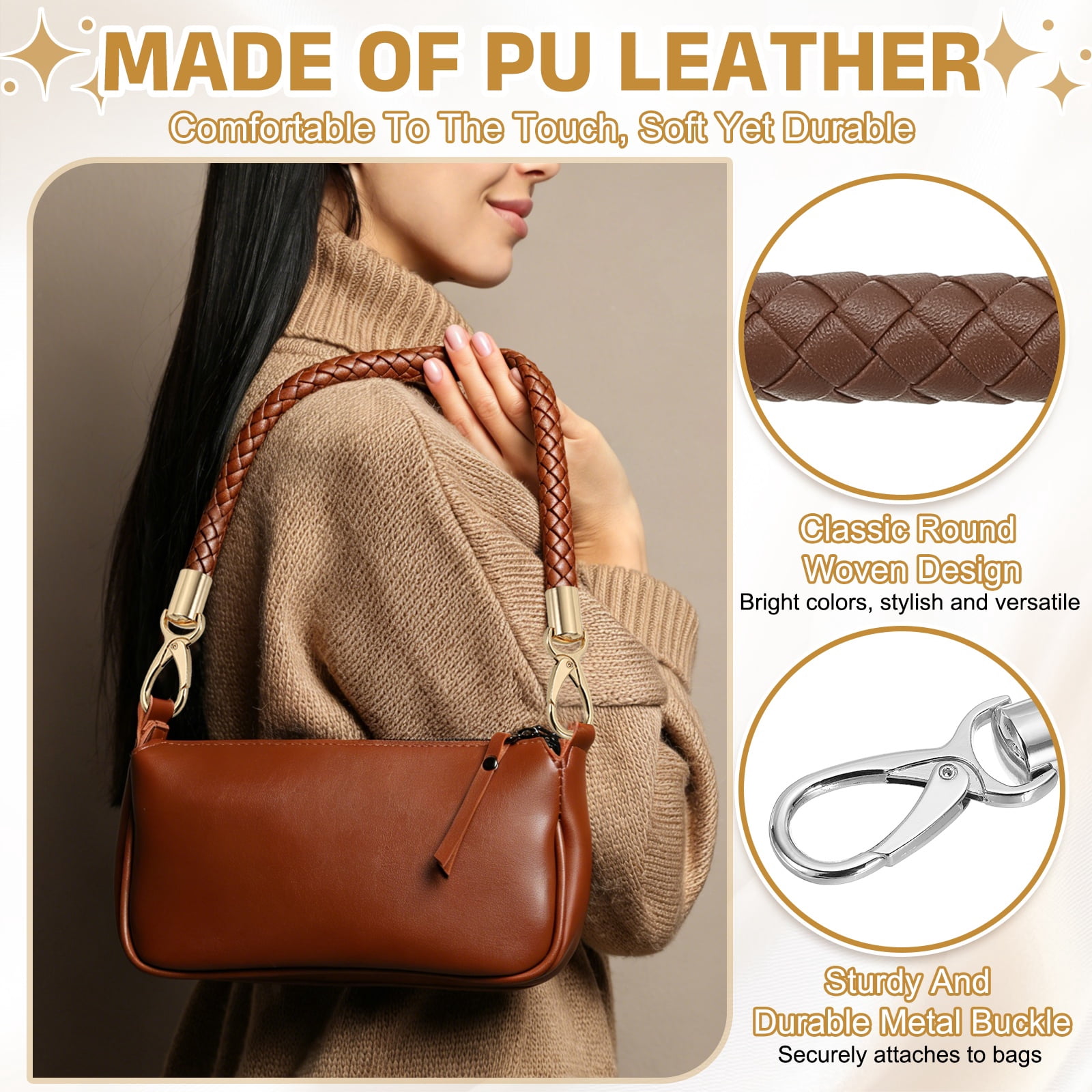 Uxcell 2 Pcs Braided Purse Strap, 65cm 25.6" PU Leather Shoulder Purse Strap for Handbag Bag Handle Replacement for DIY Making Handbag Underarm Bag, Coffee (Silver Buckle)