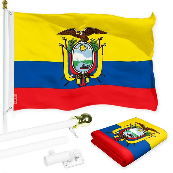 G128 Combo Pack: 6 Ft Tangle Free Spinning Flagpole (White) & Ecuador Flag 3x5 Ft Printed 150D Polyester, Brass Grommets (Flag Included) Aluminum Flag Pole