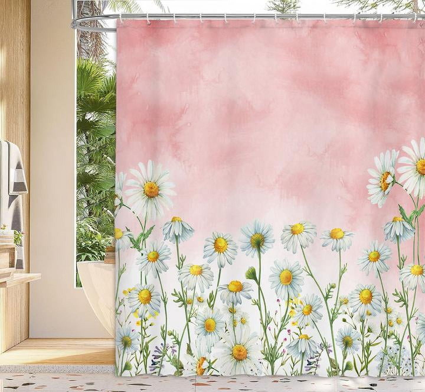 Daisy Shower Curtain, Floral Daisy Fabric Bathroom Curtains, Rustic Farmhouse Boho Shower Curtain Set, White Daisy Bathroom Shower Curtain with 12PCS Hooks, 36X70IN（Red）
