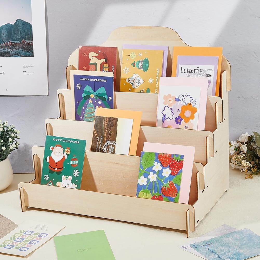 4-Tier Greeting Card Display Stand Wood Sticker Rack Portable Birthday Card Display Wooden Sticker Holder Organizer for Home Retail Counter Tabletop Stand 40.1x26.4x36cm Brown