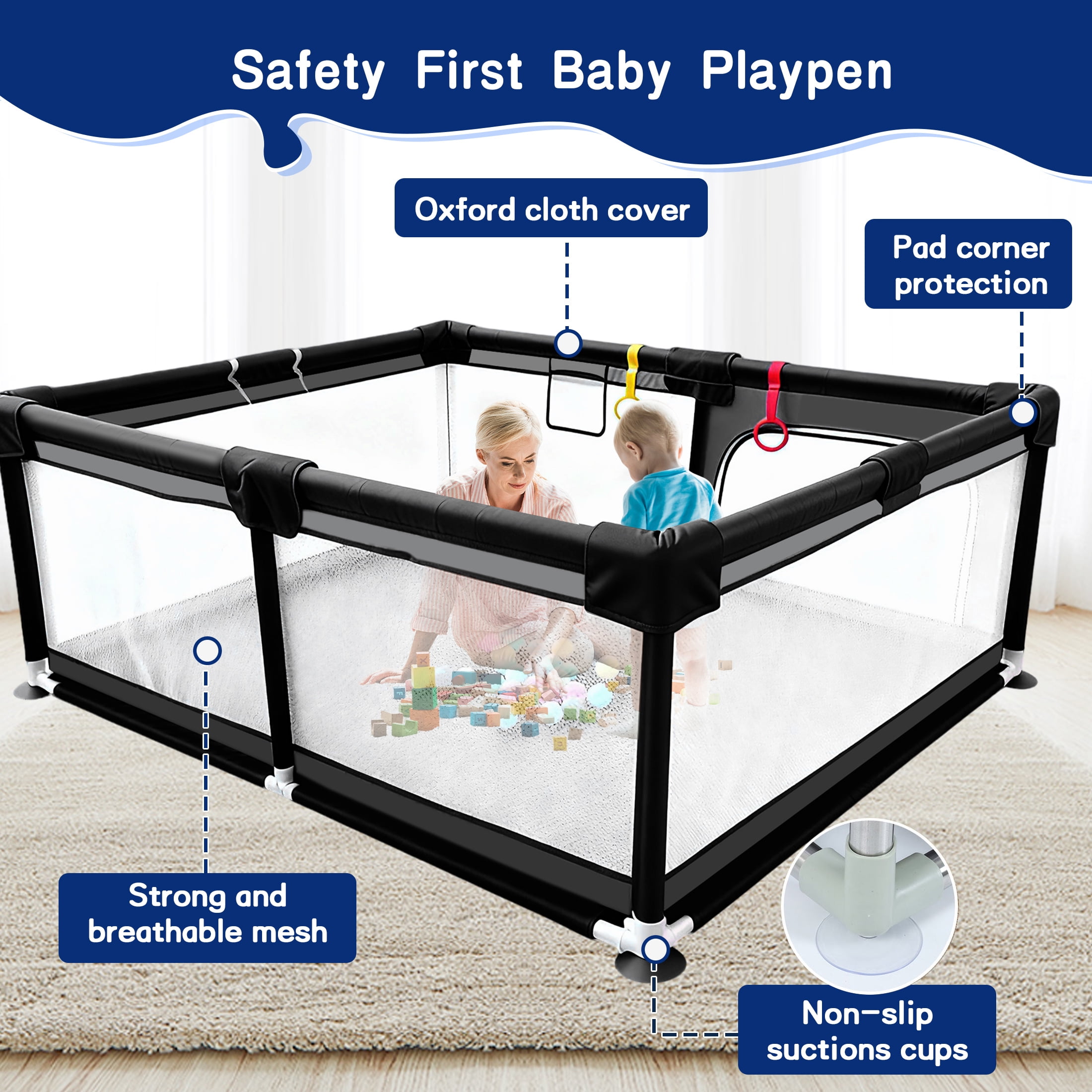 HioHa Large Baby Playpen with Mat | Premium Spacious Play Yard (71“), Sturdy Steel Frame & See-Through Mesh for Safety | Easy Fold, Portable for Indoor Outdoor Use
