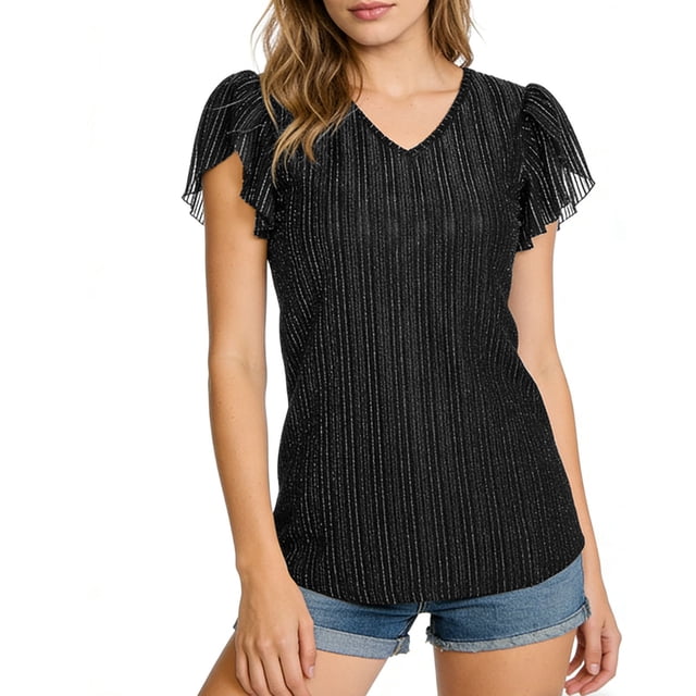 Craaazy Womens Plus Size Shimmer V Neck T-Shirt with Ruffle Flutter Sleeves Solid Color Top for Casual Occasions