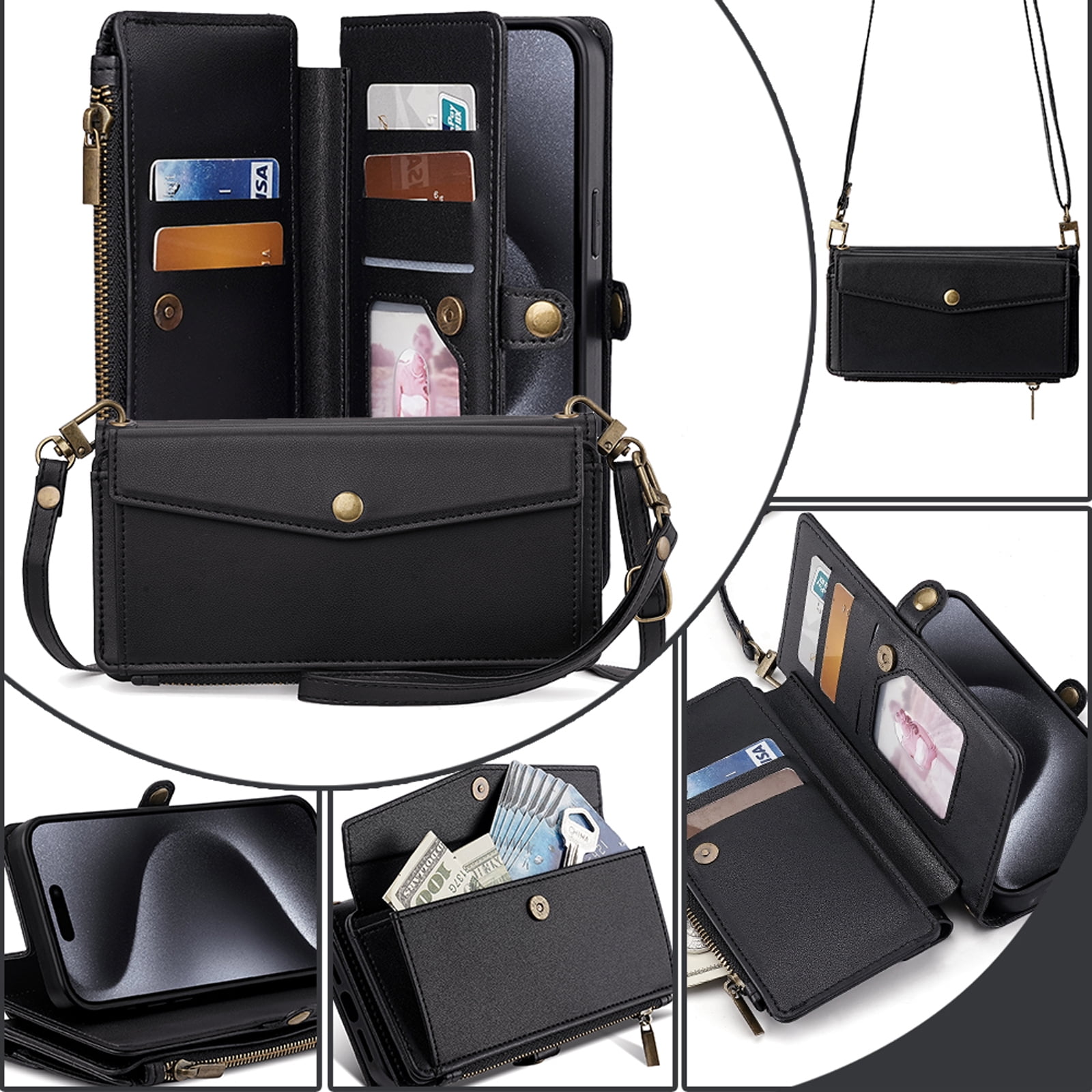 Compatible with iPhone 16 Pro Max Crossbody Wallet Case,Flip Folding Kickstand,With Card Slots,Long Strap&Short Strap,Zipper Pocket,Shockproof Heavy Duty PU Leather Phone Case,Black