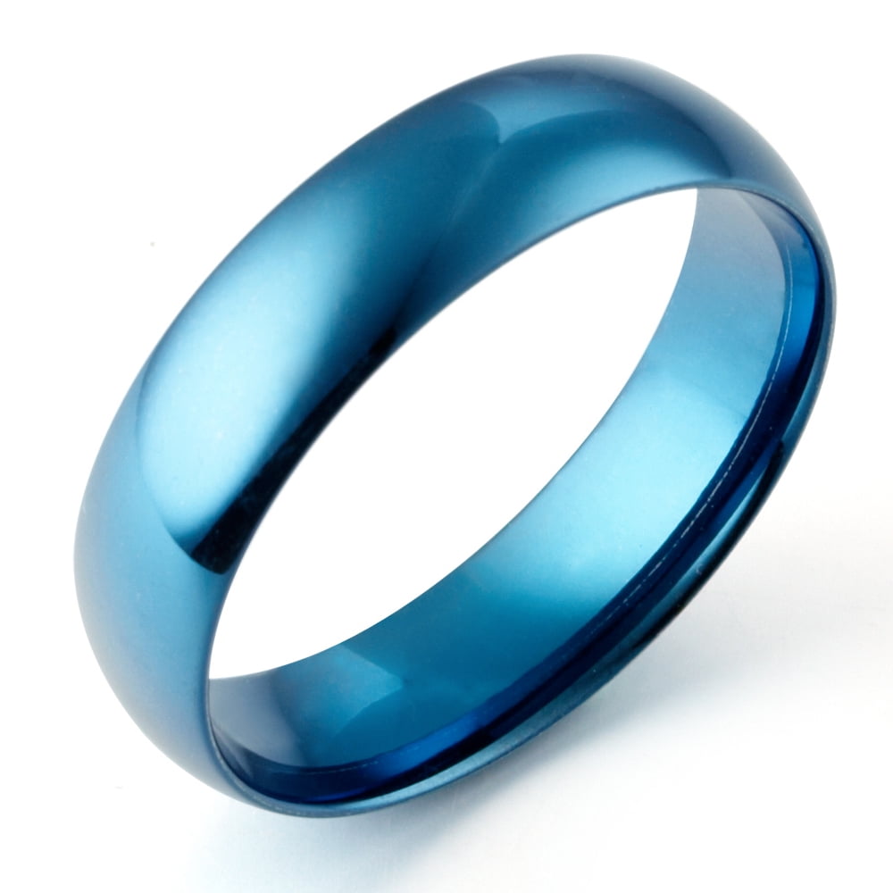 5 Gemini His & Her s Dome Blue Polish Promise Couple Wedding Titanium Ring Set Width 6mm & 4mm Men Ring Size 6 Women Ring Size