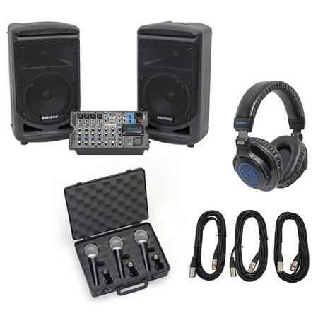 Samson Expedition XP800 8" PA DJ Speakers+Active Mixer+Mics+Cables+Headphones