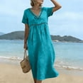 thumbnail image 5 of Domzest Womens Short Sleeve Midi Dress V Neck Linen Blend Sundress Lace Trim Empire Waist Casual Flowy Beach Vacation Dresses Turquoise L, 5 of 9