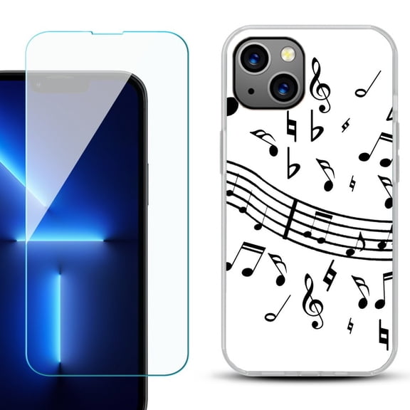 OneToughShield ® for iPhone 15 Fashion Phone Case, with Tempered Glass Screen Protector - Music Notes / White