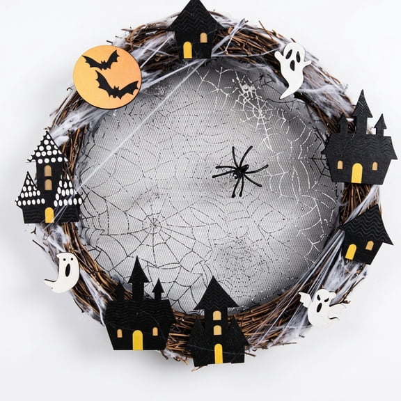 Ohmyroo Artificial Fall Wreath Garland, Hanging Front Door Greenery Wood Wooden White, Thanksgiving Halloween Home Porch Decor Halloween Party Front Door Porch Home Indoor Decor